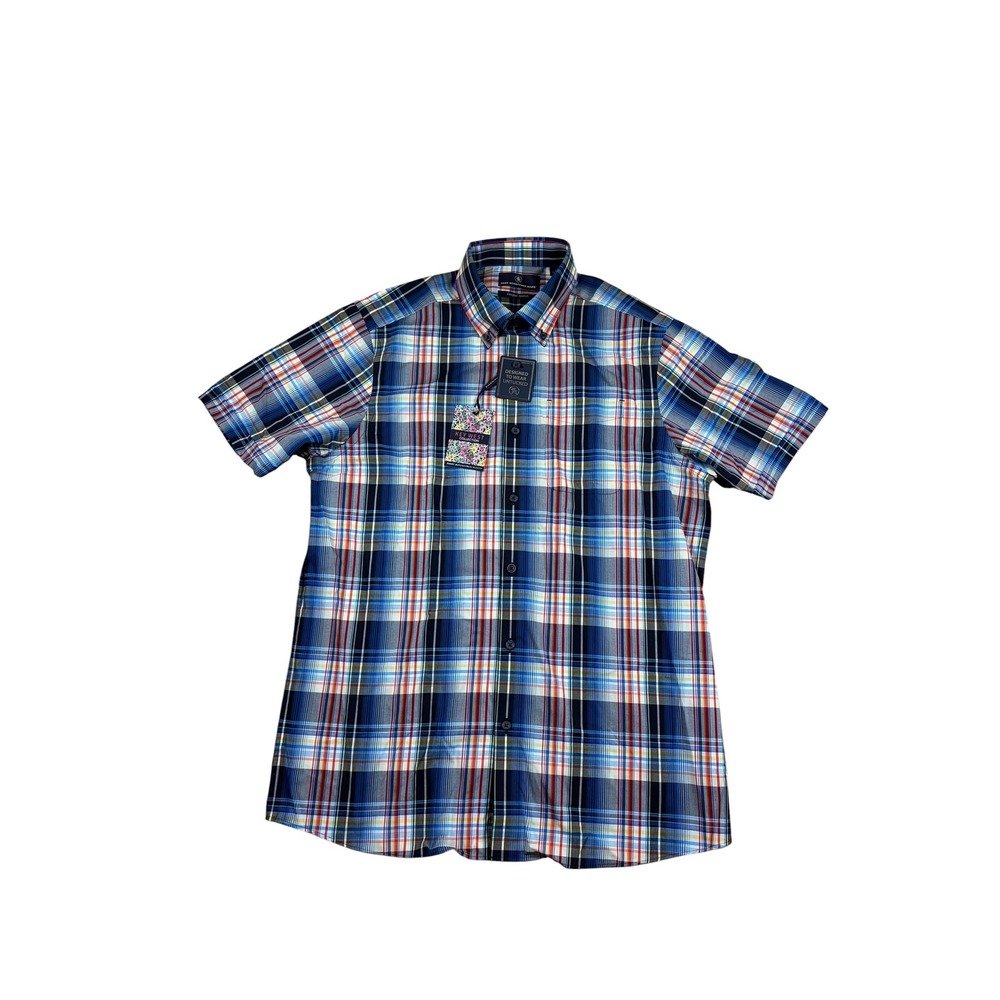 Hart Schaffner Marx Key West Plaid Short Sleeve Untucked Shirt Mens Medium Blue